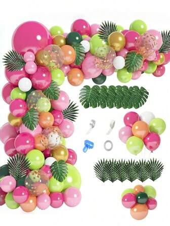 148 piezas Kit de arco de globos tropical, Set de arco de globos tropical, Decoración de arco de globos tropical, Decoraciones de fiesta tropical hawaiana Luau Aloha Flamenco, Globos de confeti de color rosa brillante, verde, rosa dorado, hojas de palma para cumpleaños, baby shower, boda