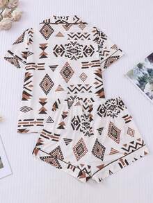 2pcs Women Sleepwear Set, Floral Print, Ladies Home Wear, Spring/Summer Holiday Outfit, Short Sleeve Collared Top And Shorts Can Be Worn Outdoors - Apricot - View 2