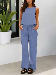 女士夏季亚麻两件套西装，无袖上衣和带口袋的松紧腰裤，时尚休闲套装适合休闲旅行和日常通勤 - 藏蓝色 - 查看 6