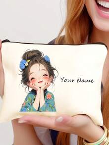 定制化妆包，定制字母姓名Logo收纳袋，可根据您的独特设计定制，轻便拉链化妆包，零钱包，铅笔盒，非常适合购物、约会、度假、旅行、节日、派对或作为情人节礼物送给女朋友，箱包及行李箱，2025万圣节配饰，大容量 - 米色 - 查看 6