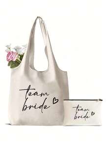 新娘帆布手提袋兼化妆包 - 印有“新娘”字样，新娘图案拉链化妆包，个性化新娘礼物，完美适用于婚礼、新娘送礼会、单身派对、订婚、蜜月、伴娘礼物、新娘纪念品、情人节礼物、海滩 - 彩色 - 查看 5