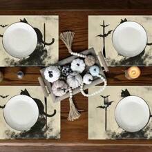 Juego de 1/2/4/6 individuales, estilo de gato negro de Halloween, con patrón de murciélago, tamaño 30x45 centímetros. Los individuales de poliéster de Halloween son adecuados para cocinas/manteles resistentes al calor del hogar, fáciles de limpiar y son accesorios ideales para mesas de cocina del hogar. Son adecuados para reuniones familiares y ocasiones interiores y son la mejor opción para la decoración de Halloween.