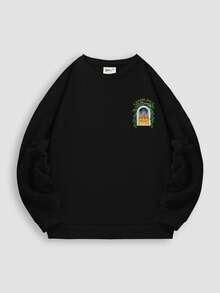 Sudadera de hombro caído blanca para hombre, sudadera holgada de cuello redondo de 100% algodón con estampado de arquitectura vintage para primavera y otoño - Negro - Ver 4