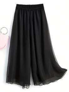 (If You Run Smaller, We Recommend Ordering A Larger Size) 2025 Women's Lightweight Loose Summer Chiffon Pants, Pocketless Design, Comfortable Casual Plus Size Elastic Waistband Fashion Pants, Simple Solid Color, Elegant Temperament, Suitable For Summer Commuting And Outings - Black - View 2