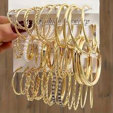 36/12 Piezas Conjunto de Aretes de Aro Elegantes y Minimalistas, Incrustados con Brillantes Rhinestones y Perlas de Imitación, con Diversos Diseños Retorcidos, Adecuados para Uso Diario, Fiestas y Ropa Casual - Dorado - Ver 2