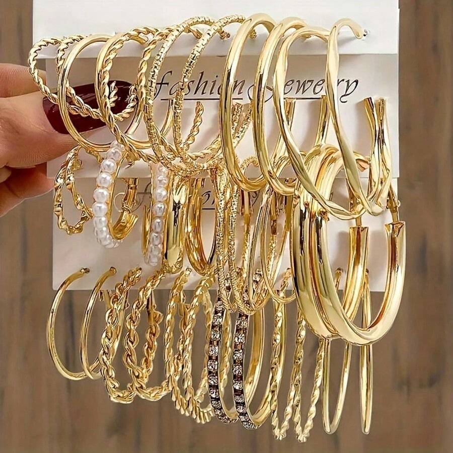 36/12 Piezas Conjunto de Aretes de Aro Elegantes y Minimalistas, Incrustados con Brillantes Rhinestones y Perlas de Imitación, con Diversos Diseños Retorcidos, Adecuados para Uso Diario, Fiestas y Ropa Casual