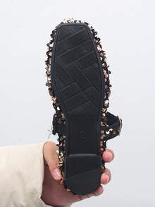 加大码 EU35-43 时尚亮片方头平底鞋，一脚蹬休闲装，适合搭配连衣裙，随机图案设计，春秋季 - 棕色亮片 - 查看 9