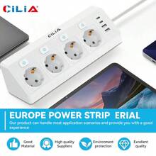 CILIA EU Power Strip With 4 AC Outlets + 2USB-A & 2Type-C Ports ,1.5m Surge Protection Cable , Ideal For Travel/Kitchen/Office/Dorm ,Dorm Room Essentials College,Black /White