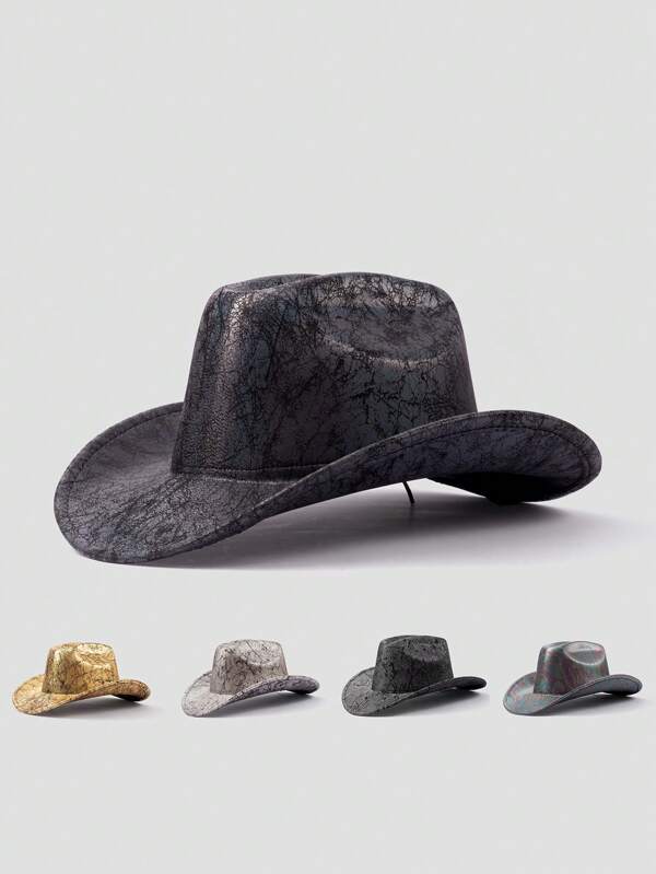 1pc Shiny Bohemian Polyester Western Cowboy Hat, Versatile Solid Color Fashion Accessory For Men And Women, All Seasons