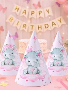 6pcs Pink Elephant Theme Baby Shower Party Paper Hats, Adorable Pink Elephant Pattern 1st Birthday Party Decorative Hats, Gender Reveal Party Accessories, 1st Birthday Gift, Pink Elephant Decor Birthday Hat, Baby Shower Photography Props, Baby Shower Party Favors, Gender Reveal Party Decorations, Popular Pink Elephant Pattern Design - Pink Elephant - View 3