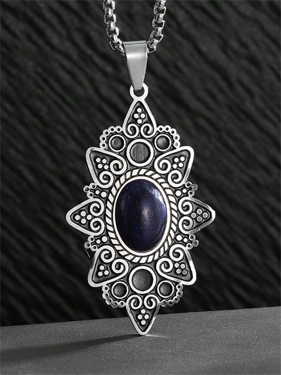 1 件复古蕾丝图案不锈钢吊坠项链，适合女士，时尚百搭珠宝礼物 - 時尚新款 - 查看 1