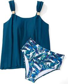 High Waisted Ruffle Tankini Swimsuit Plus Size Tummy Control - Blue Floral - View 3
