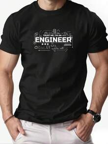 Camiseta corta de verano casual de cuello redondo con patrón de INGENIERO para hombres R2R0 - Negro - Ver 1
