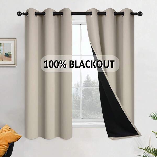 2 Pcs 100% Blackout Satin Bedroom Curtains, Lightweight Summer UV Protection Curtains