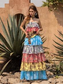 Faeriesty BohoBloom Strapless Multi-Layer Printed Summer Dress - Elegant Spring/Summer Style, Suitable For Beach Weddings | Garden Parties | Brunch | Music Festivals | Tropical Vacations (Belt Not Included) - Multicolor - View 7