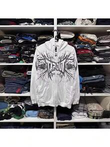 Street Hip-Hop Letter Print Loose Hooded Zip-Up Cardigan Sweatshirt