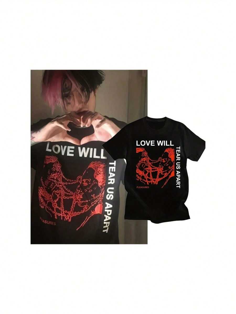 Streetwear Casual Tops Unisex Men's T Shirt  Peep Love Will Tear Us Apart Print Oversized T Shirt Hip Hop Harajuku 220g - 黑色 - 查看 1