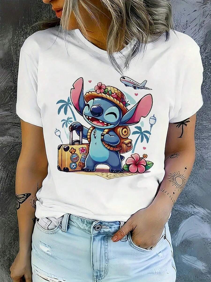 Women's Casual Short Sleeve T-Shirt - Cute Cartoon Characters And Floral Print, Soft Stretch Crew Neck Tee, Machine Washable, Playful Graphics, Premium Casual Wear - 白色 - 查看 1