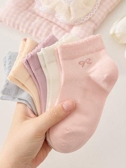 4 Pairs Butterfly & Striped Pattern Kids Cute Sweet Princess Style Ankle Socks, Random Colors Include Purple, Blue Gray, White, Pink, Floral Ruffle Trim Crew Socks, Soft & Comfortable, Suitable For Daily Wear, All Seasons