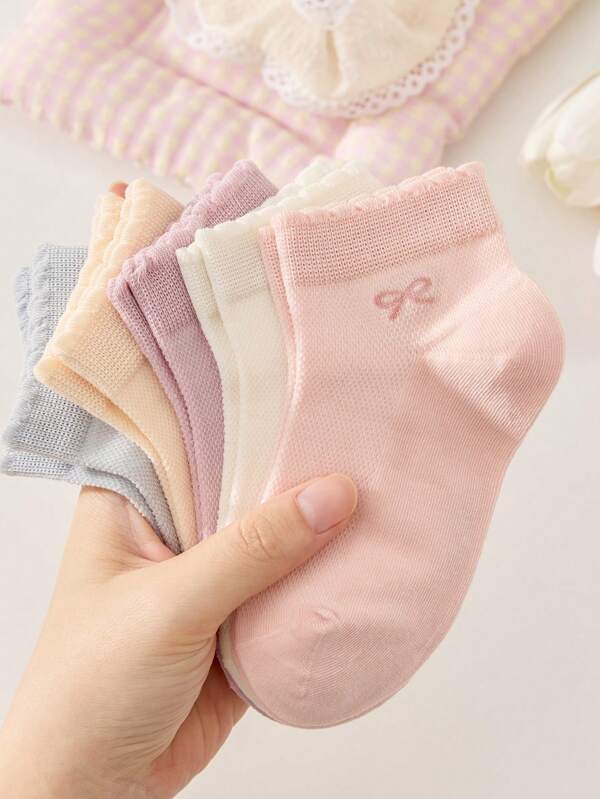 4 pares de lindos calcetines cortos de princesa de estilo a rayas con lazo para niños, calcetines de volantes con estampado floral, calcetines tubulares cómodos y suaves para bebés para uso diario, versátiles para las cuatro estaciones, colores aleatorios