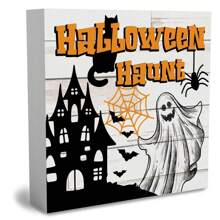 1 PIEZA Adorno decorativo cuadrado de PVC con diseño de calabaza espeluznante y feliz Halloween, decoración aterradora para fiesta, sala de estar, estantería, decoración de Halloween, decoración de calabaza, decoración de murciélago, decoración de bandeja para chimenea