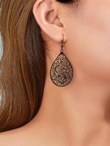 1 Pair Retro Hollow Black Flower Pattern Water Drop Earrings Party Daily Prom Jewelry Best Friends Gift - Black - View 2