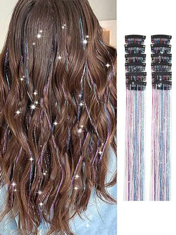 12 piezas de extensiones de cabello liso con cinta láser dorada brillante sin costuras, mechón de cabello de colores para Halloween