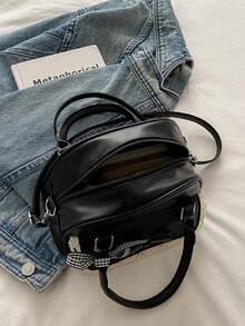 PU 材质简约时尚手提包，优雅女士波士顿包，适合日常、工作、休闲、通勤、节日礼物 - 黑色 - 查看 9