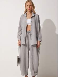 Women's Gray Linen Shirt Shalwar Trousers Set