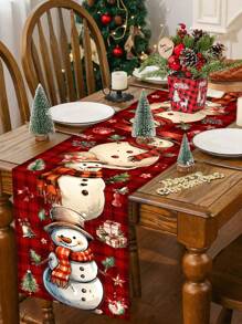1 pieza Mantel de poliéster de Navidad con diseño de muñeco de nieve a cuadros rojos de 35*180cm/13.78*70.87 pulgadas, mantel para mesa de comedor, mesa de café, decoración textil festiva para reunión en el hogar, creando un ambiente navideño acogedor