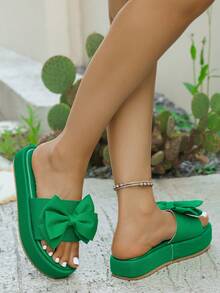 女士时尚户外一脚蹬拖鞋绿色厚底防滑轻便蝴蝶结装饰面料凉鞋 - 綠色 - 查看 7