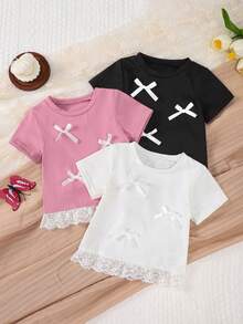 3pcs/Set Girls Casual Bow Decor Short Sleeve T-Shirts With Ruffle Lace Hem, Round Neck Tops For Baby Girl Summer Outfit - Multicolor - View 1