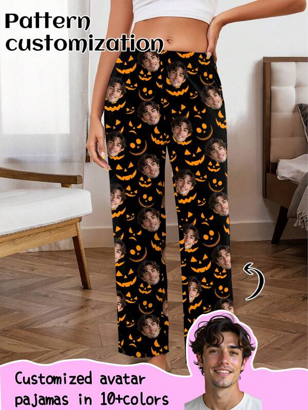 Pijamas personalizados de mujer con caricaturas de pareja únicas, reemplazo de rostro de pareja y sustitución de rostro de mascota para Halloween, ambiente festivo - Mercancía de fanáticos de la caricatura de celebridades