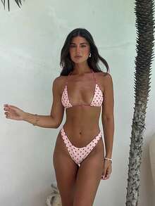 新款春夏性感休闲优雅女士蜜桃波点吊带比基尼沙滩度假约会泳衣套装 - 彩色 - 查看 2