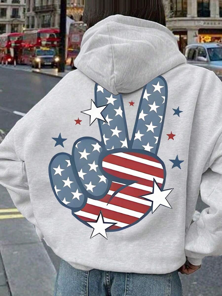 1PC Teen Girl American Flag Pattern Print Sweatshirt, Soft & Comfortable, Spring & Autumn Daily Casual Wear - Light Grey - View 1