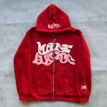 Red, Pink, Purple Multi-Color Lettered Cardigan Sweater With Printed Cotton Material On Top New  Men Punk Harajuku Hip-Hop Loose Casual Couple Fashion Sports Hoodie Street Wear  Christmas - 大紅色 - 查看 1