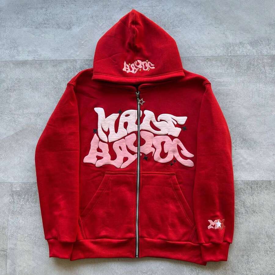 Red, Pink, Purple Multi-Color Lettered Cardigan Sweater With Printed Cotton Material On Top New Men Punk Harajuku Hip-Hop Loose Casual Couple Fashion Sports Hoodie Street Wear Christmas - 大紅色 - 查看 1