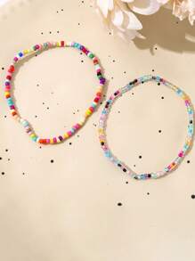 1set/20 Pcs Random Color Bohemian Summer Beach White Black Red Yellow Green Pink Coffee Rice Beads String Anklet Vacation Style - Dyed Products With Slight Errors In Different Batches