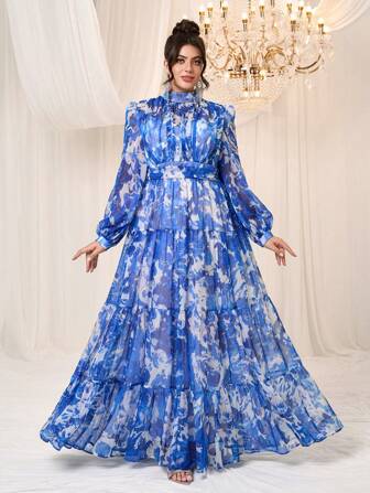 YISIKADO Plus Size Women Chiffon Dress Tie Dye Long Sleeve Elegant Long Dress Wedding Holiday Tea Party Vacation Graduation Wedding Guest