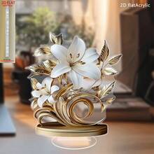 Decoración de sobremesa de lirio en flor plano 2D de acrílico, con diseño de hoja de oro y pistilos - Adecuada para decoración de estilo bohemio en sala de estar, oficina y dormitorio - Regalo perfecto para días festivos y cumpleaños - Gris Claro - Ver 5