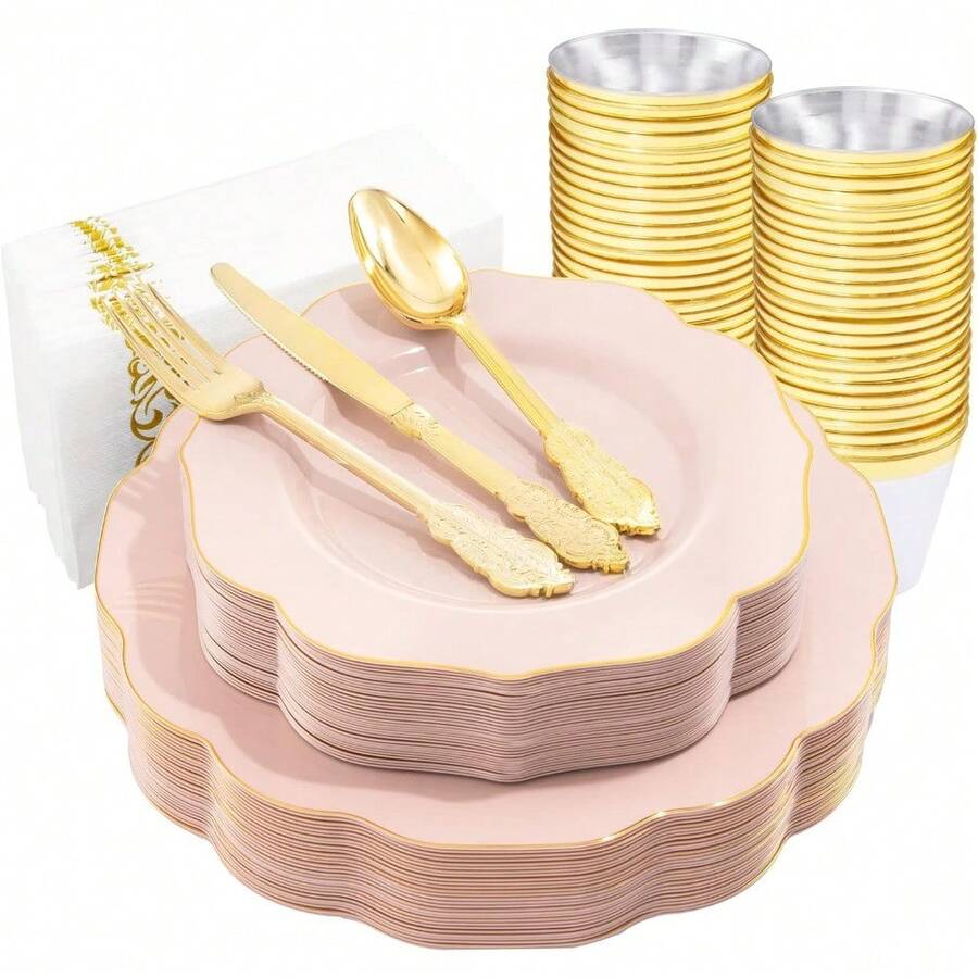 Local Delivery 150 PCS Rose Gold Plastic Plates And Rose Gold Silverware Set - 30 Dinner Plates, 30 Salad Plates, 90 Disposable Rose Gold Utensils For Weddings, Parties, Showers - 粉色 - 查看 1