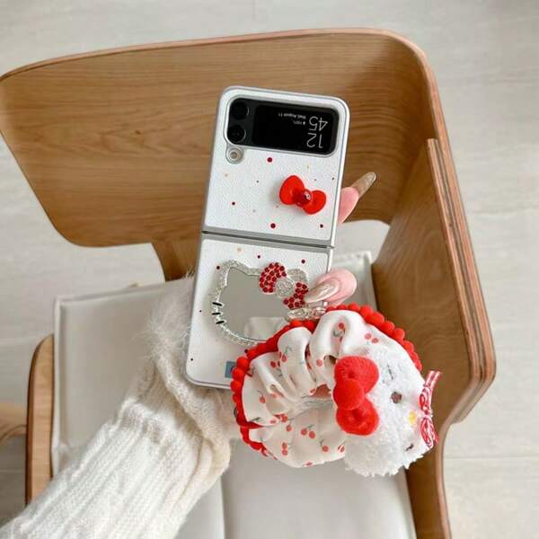 Sanrio Funda de teléfono con espejo con lazo de diamante para gatito adolescente, compatible con Samsung Galaxy Z Flip3, 5G/Galaxy ZFlip 4 5 G/'azy Z'Flick 5 5 g/''aky Z" Flick 6, estilo elegante para mujeres