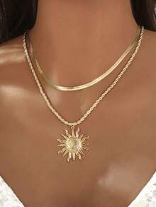 1 件夏日太阳脸和蛇链双层项链 - 金黃色 - 查看 1