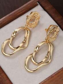1 Pair Non-Piercing Geometric Asymmetrical Hammered Metal Clip-On Earrings, Oval Exaggerated Design Suitable For Women Office, Date, Travel, Party, Holiday Wear