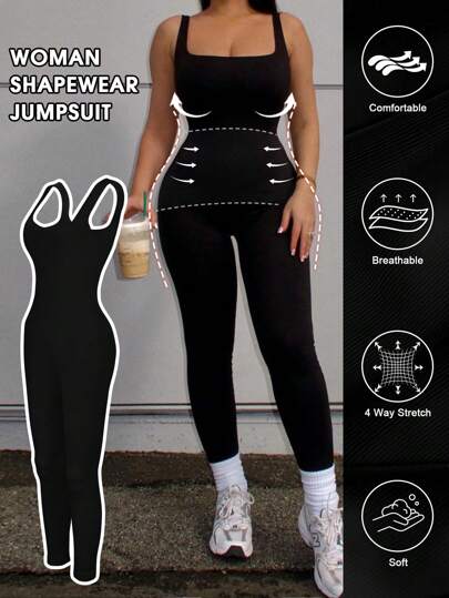 1pc Women Seamless Waist Cincher Jumpsuit Top With Built-In Shapewear, Plus Size