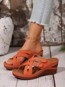 Women's Retro Thick-Soled Sandals, Open-Toe Cross-Cut Open-Heel Casual Shoes, Comfortable Wedge-Heeled Sandals For Summer - Quả cam - Xem 2