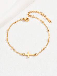LIEBEIRIS 1pc Handmade Beach Style Cross Stainless Steel Anklet For Women, Suitable For Daily Wear And Beach, (Random Colorful, Random Number Of Gold Beads On Chain) - Yellow Gold - View 4
