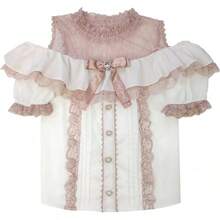 Sweet Cold Shoulder Shirt Women Lace Mesh Sheer Short Sleeve Blouse Vintage Ruffle Button Cute Tops - 白色 - 查看 1
