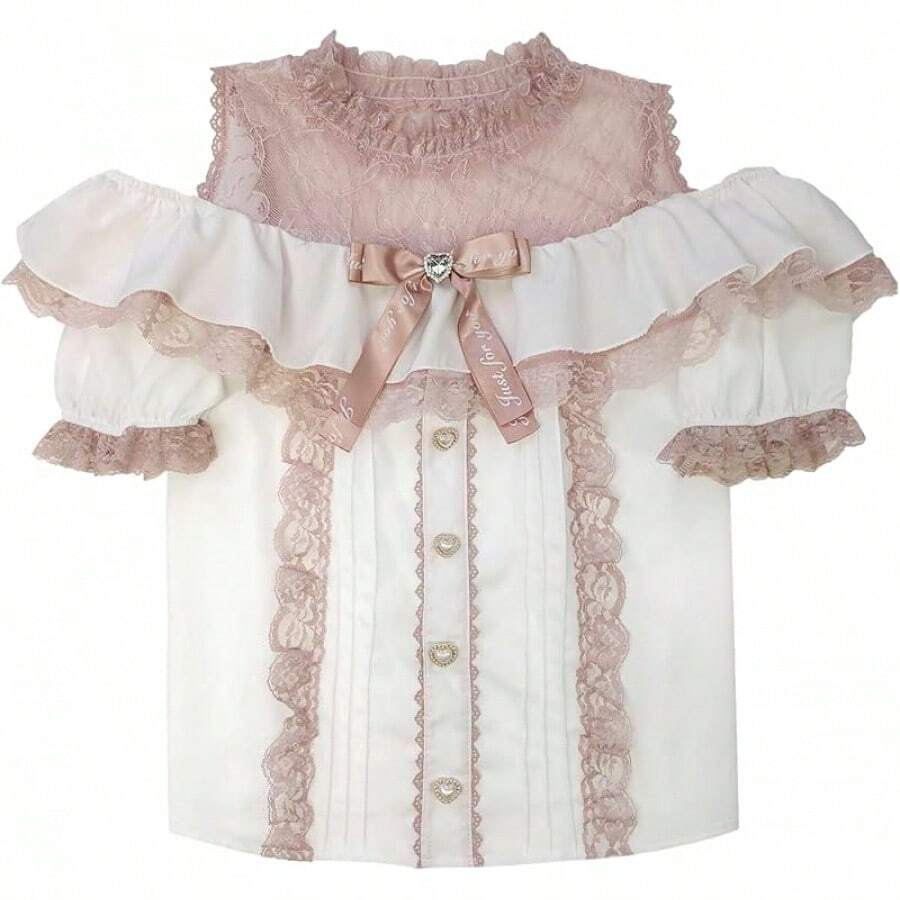 Sweet Cold Shoulder Shirt Women Lace Mesh Sheer Short Sleeve Blouse Vintage Ruffle Button Cute Tops - 白色 - 查看 1
