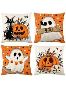 4 件/1 件万圣节主题派对装饰枕套 - 南瓜、幽灵、黑猫图案，18x18 英寸 | 拉链开合 | 耐用涤纶材质 | 沙发、卧室、客厅、户外小屋装饰靠垫套，可用于万圣节装饰、派对用品、家居装饰。无填充材料 - 彩色 - 查看 4